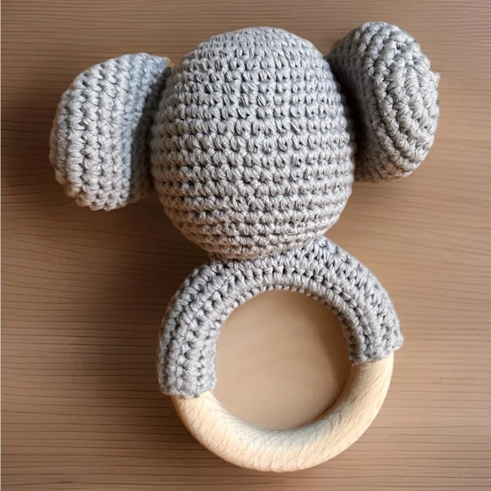 Knit Elephant Baby Rattle W/ Wooden Handle 5”